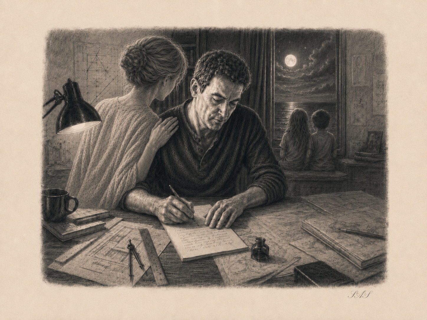 Monochrome editorial illustration for How I Get It on Paper: Symbiotic Disposition Therapy