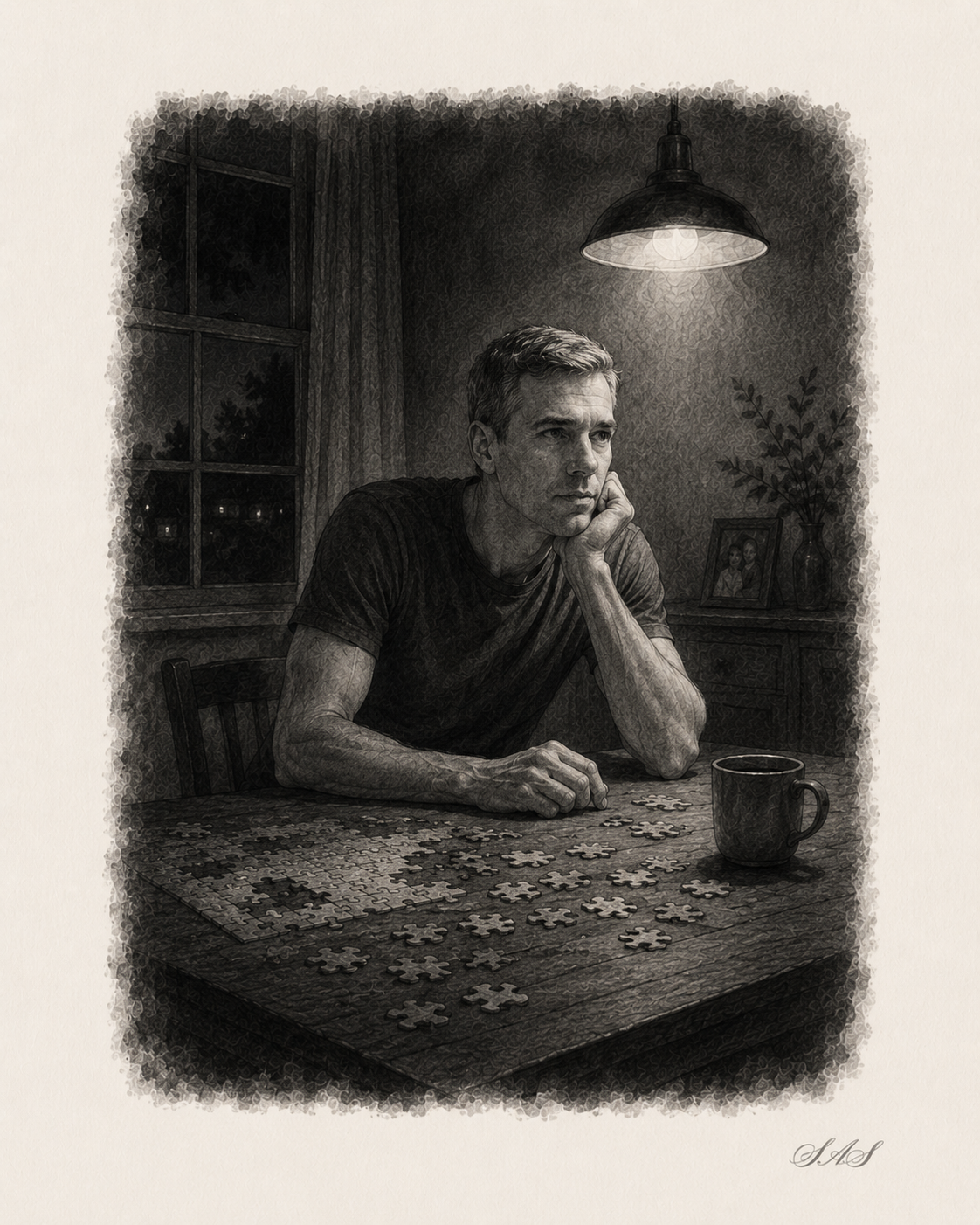 Monochrome editorial illustration for Lost Into Silence