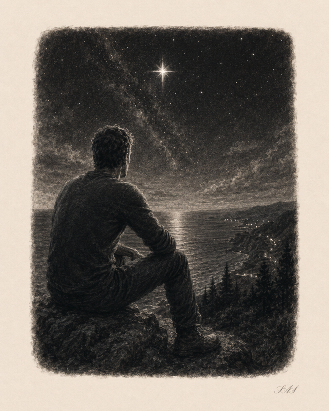 Monochrome editorial illustration for North Star