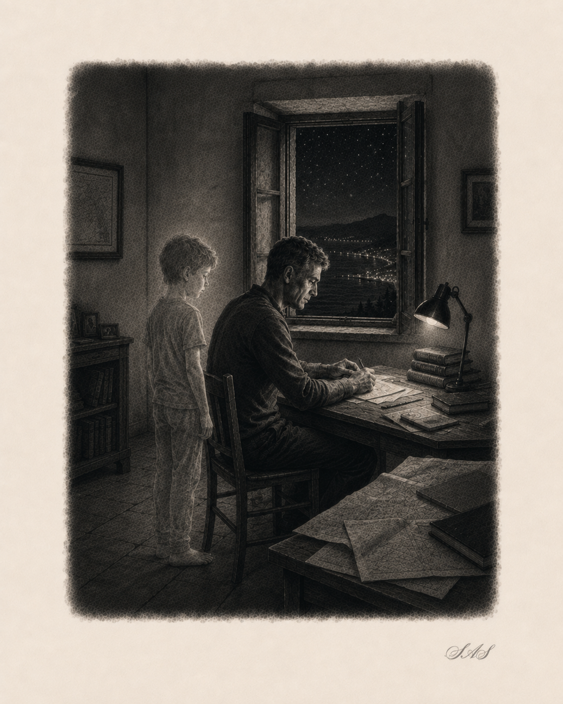 Monochrome editorial illustration for The Man Became a Hermit