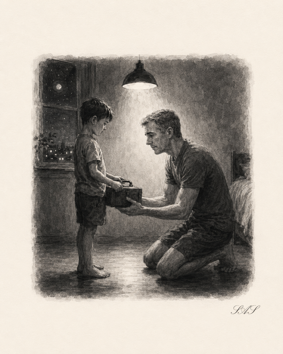 Monochrome editorial illustration for To the Boy Who Learned to Be Strong Too Early